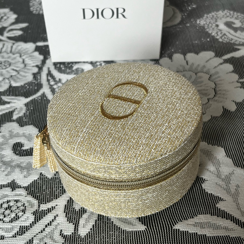 DIOR Gold Glitter Designer Travel Jewelry Round Case Pouch NEW